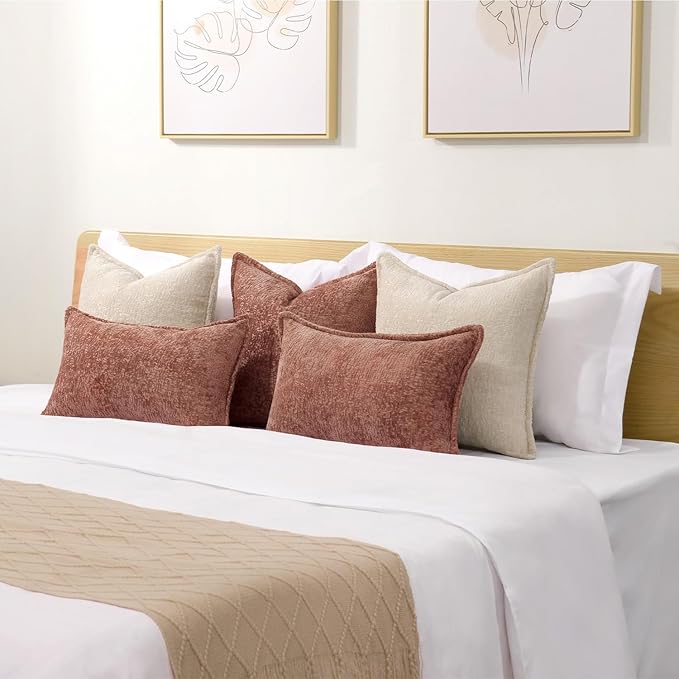 DEZENE Pack of 2 Beige Decorative Throw Pillow Covers 20x20 Cozy Soft Chenille Boho Accent Vintage Farmhouse Square Couch Pillow Covers for Home Decor Bed Sofa Living Room