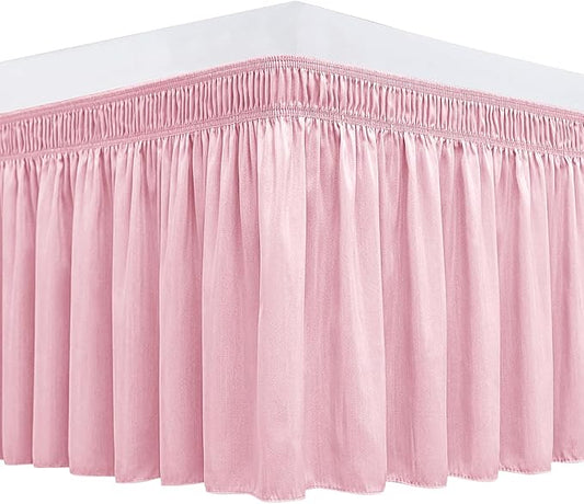 Biscaynebay Wrap Around Bed Skirts for Twin & Twin XL Beds 15" Drop, Pink Adjustable Elastic Dust Ruffles Easy Fit Wrinkle & Fade Resistant Silky Luxurious Fabric Machine Washable
