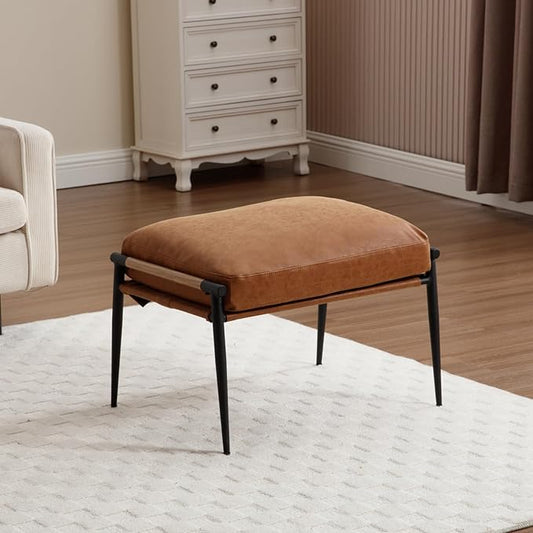 HEAH-YO Modern Footstool Ottoman Set of 1, Upholstered PU Leather Fabric Footrest Ottoman with Metal Legs, Small Footrest Extra Seating for Living Room Entryway, Brown