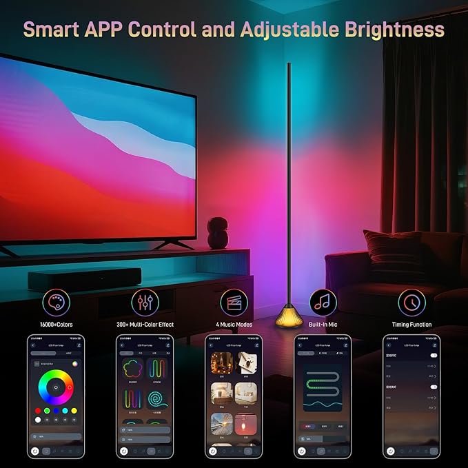 Smart LED Corner Floor Lamp – 16 Million DIY Colors, 68+ Scenes, Music Sync, App & Remote Control, Ambient Color-Changing Light for Living Rooms, Bedrooms & Gaming Rooms (1 Pack)