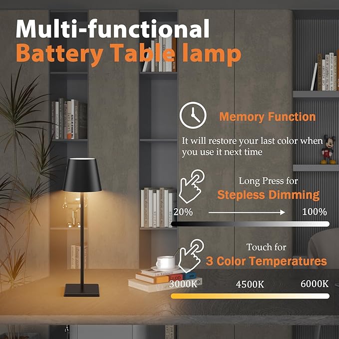 2 Pack Cordless LED Table Lamp Black, 5500mAh Battery Powered Table Light, 3 Color Temperatures Stepless Dimmable Rechargeable Table Lamps for Outdoor Restaurant Bedroom