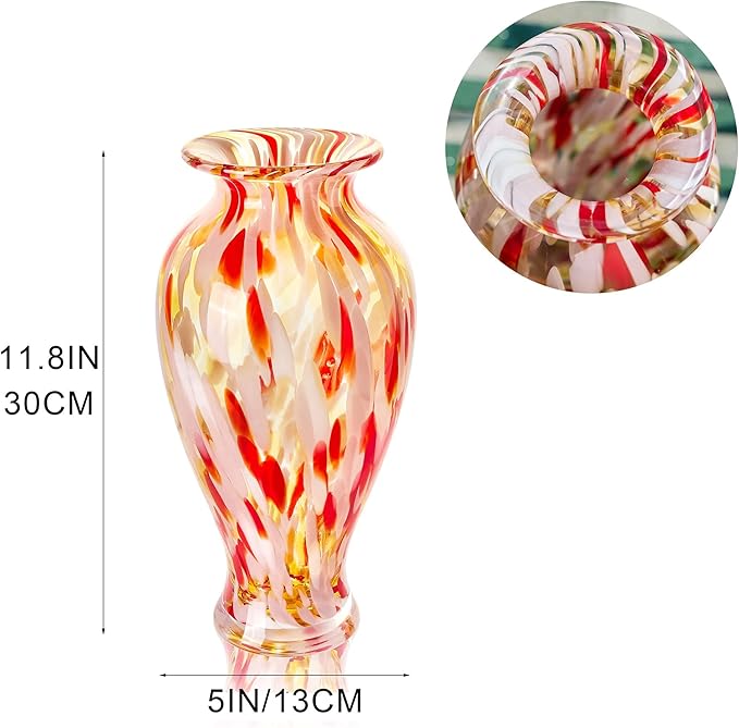 QFkris Hand Blown Glass Vase for Flowers, 12 Inch Tall Crystal Flower Vases for Bouquet Home Decor Decorative Centerpieces, Unique Galentines Day Gift, Valentine's Day Gift for Her Lover Girlfriend