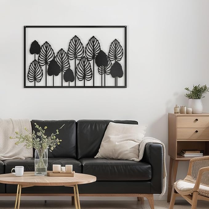 SIGNLEADER Metal Wall Decor Palm Tree Leaves Minimalist Modern Abstract Wall Sculpture Hangings Home Decoration for Living Room, Bedroom, Bathroom, Kitchen, Outdoor - 24" Black