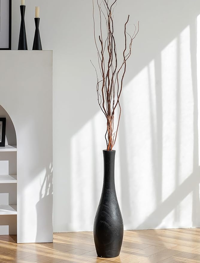 Hanobe Black Tall Floor Vase: 22 Inch Wooden Modern Decorative Vases for Living Room Bedroom Hallway Minimalist Large Standing Vase for Corner Fireplace Nook Decor