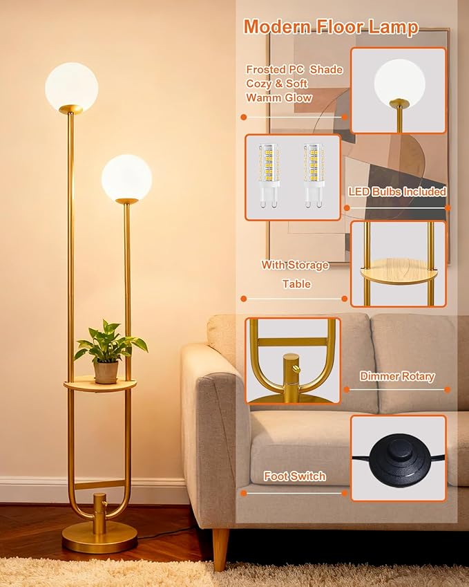 Lightdot 63IN Gold Floor Lamp with U Pole, 2 Globe Mid Century Standing Lamps with Warm White LED Bulbs, Unique Vintage Tall Floor Lamp for Living Room/Wedding/Party