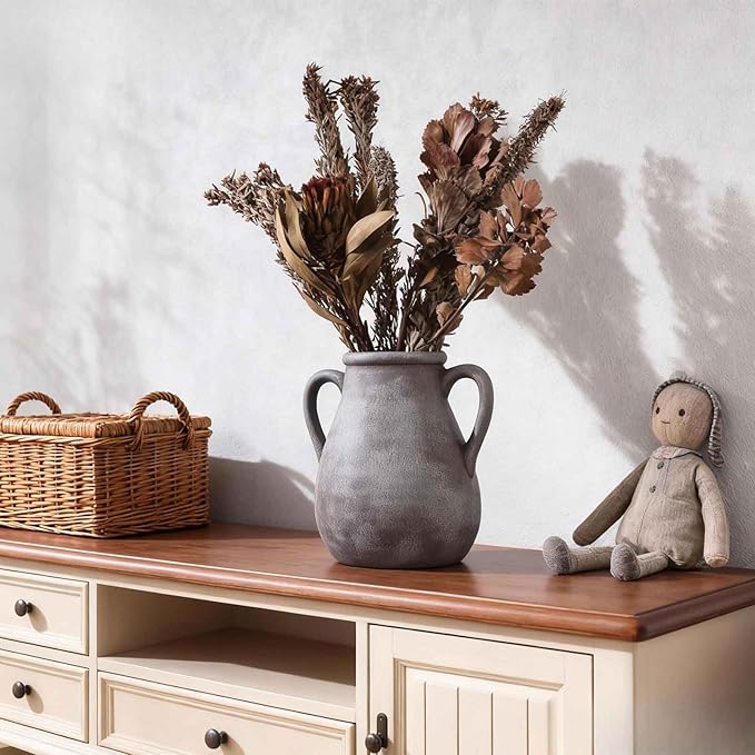 Ceramic Flower Vase with Handles, 7.5 inch Rustic Farmhouse Vase for Centerpieces, Small Decorative Terracotta Vases for Home Decor, Living Room, Table, Neutral