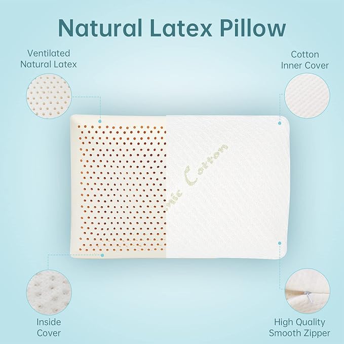 Talalay Natural Latex Sleeping Pillow, Medium Firmness Standard Pillow for Side, Back, and Stomach Sleepers to Get a Restful Sleep