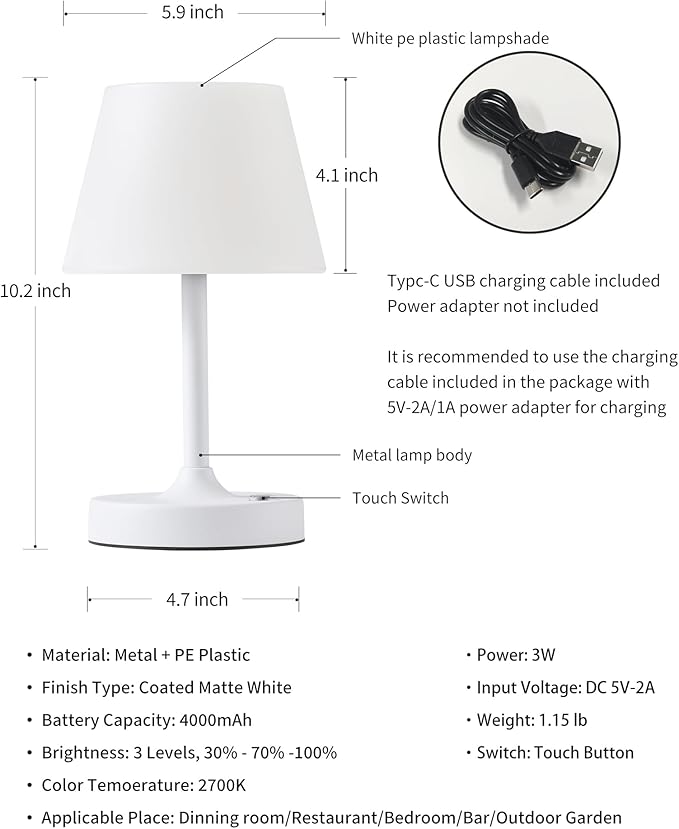 PUSU Cordless LED White Small Table Lamp, Waterproof Shower Light with 4000mAh Battery, Portable Rechargeable Touch Dimming Night Light for Bathroom, Outdoor Camping, Kitchen, Patio, Restaurant