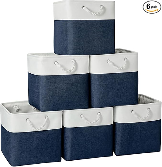 Fabric Storage Cubes, 11 inch cube storage bin with Handles, 11x11cube storage organizer bins, Collapsible Storage Bins for Shelves and Home, Cubby Storage Bins (white-navy, 10.5x10.5x11in)