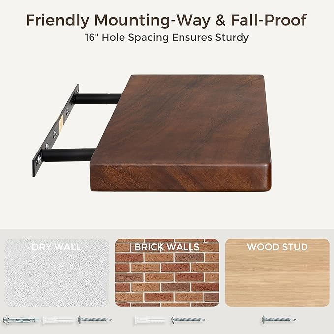 48" Rustic Walnut Wood Floating Shelves, 8 Inch Deep Wall Shelves for Home Decor, Wall Mounted Floating Shelf with Invisible Bracket, Heavy-Duty Storagefor Living Room, Bedroom, Kitchen, Set of 1