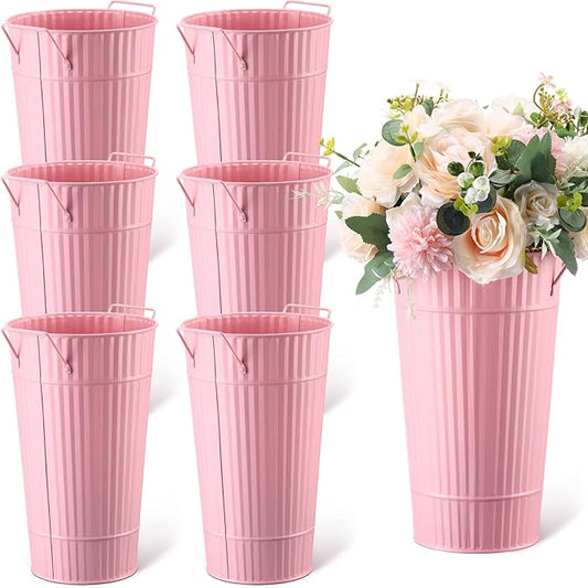 Layhit 6 Pcs 12 Inch Galvanized Flower Buckets Metal Flower Vases with Handle Farmhouse French Bucket Planter Floral Container for Flowers Wedding Bridal Shower Home Table Decor(Pink)