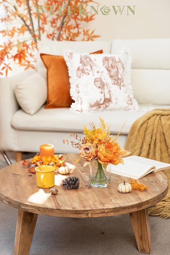 WELL KNOWN Artificial Flowers in Glass Vase, Orange Wrist Gold Silk Rose Peony Flower Bouquet with Fake Water for Fall Winter Home Dinning Table Wedding Christmas Party Lavatory Kitchen Decor & Gift