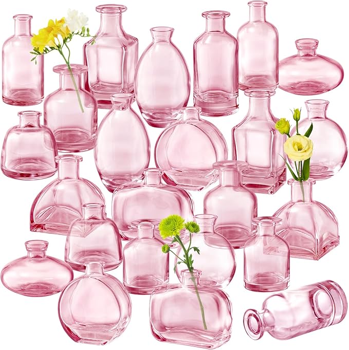 Pink Vase, Bud Vases Set of 24, Small Pink Glass Vases for Flowers Wedding Flower Vase in Bulk Modern Glass Bud Vase for Decor Home Centerpieces Table Flower Decor