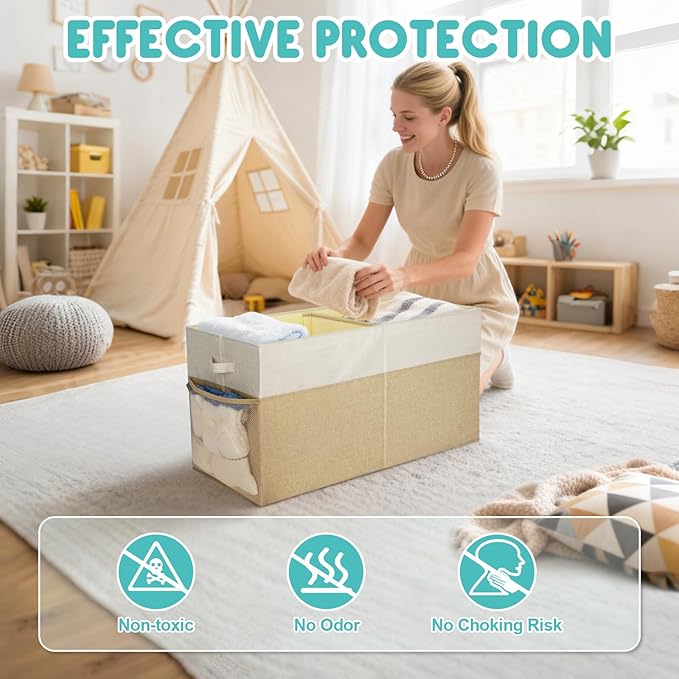 BALEINE Fabric Storage Bins with Lid, Collapsible Extra Large Storage Boxes Bins Baskets with Divider for Home Organizing (25"x13"x16", Khaki)