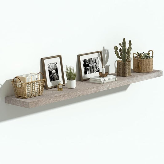 Vivelove Elm Wood Floating Shelves, Wooden Shelves for Wall with Invisible Bracket for Living Room Bedroom Bathroom Office Book, Rustic Farmhouse Decor Storage & Display, 48 Inch Set of 1- Grey