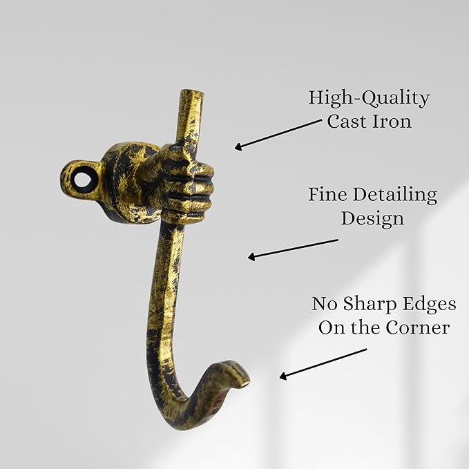Set of 3 Cast Iron Unique Hand Hook Shape Coat Hooks Wall Art Decor-Hand Shape Hangers and Key Holder-Clothes Rack and Backpack Hanger-Coat Hooks Home Decor for Storage, Living Room (Brass Antique)