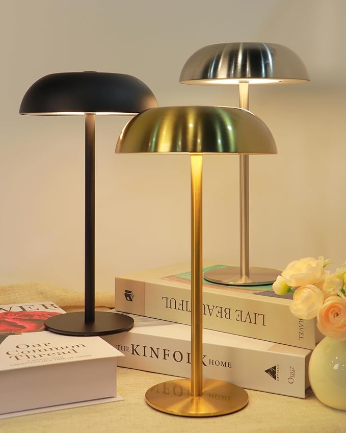 Portable Mushroom Table Lamp with 5200mAh Battery, Cordless LED Night Light with Stepless Dimming, 3 Color Modes & Adjustable Height for Bedroom, Patio, Bar Decor and Coffee Shop (Silver-Tall)