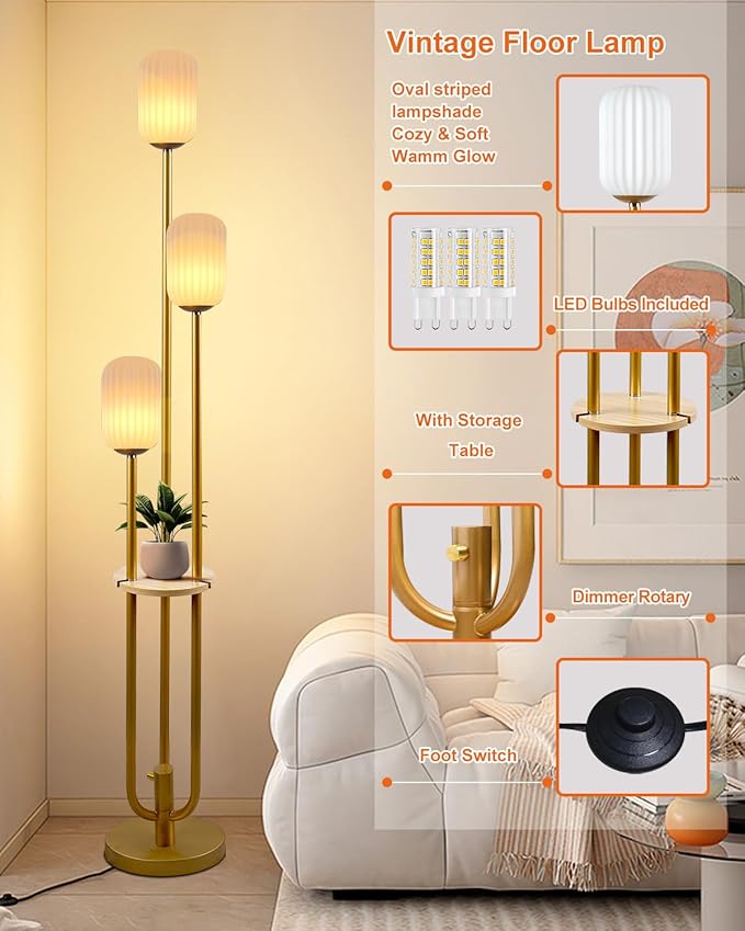 Lightdot Dimmable Floor Lamp with Shelf, Modern Gold Tall Floor Lamps with Oval Striped Lampshade for Wedding/Party, 3000K Soft Warm White 3-Lights Standing Lamp for Living Room/Bedroom