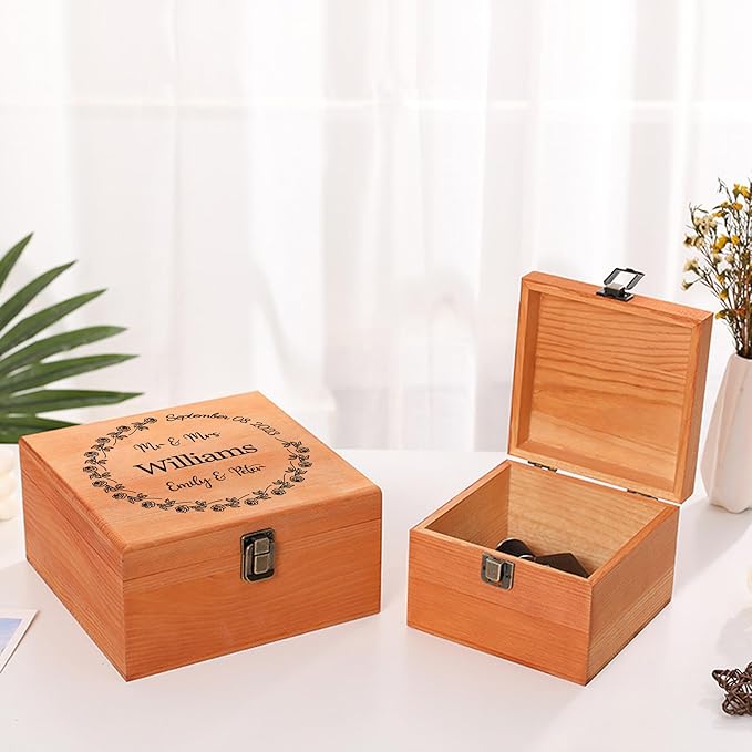 Personalized Wedding Keepsake Box Custom Name Date, Wooden Memory Box Wedding Gift Box for Couples Newlyweds - Customized Gifts for Bridal Shower Anniversary Engagement Christmas