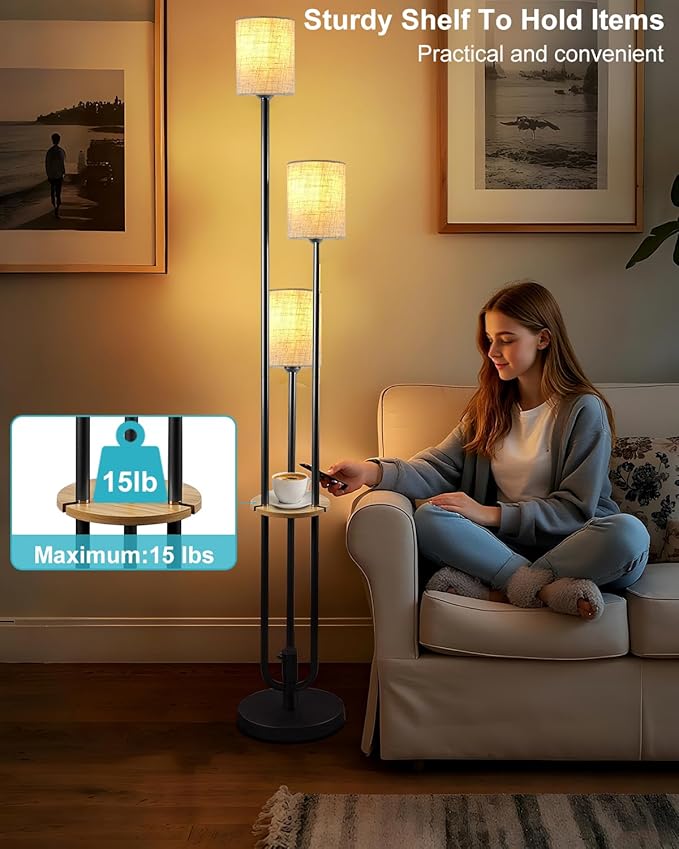 Lightdot 64Inch Floor Lamp with Table Dimmable Black Floor Lamp for Living Room 3 Lights Mid Century Modern Tall Standing Lamp with Fabric Shade for Bedroom Corner(Bulbs Included)