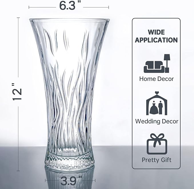 Vase 12" Flower Vases, Crystal Clear Glass Vases for Flowers, Tall Crystal Vase, Modern Large Glass Home Office Decor for Living Room Dining Table Centerpieces, Birthday and Wedding