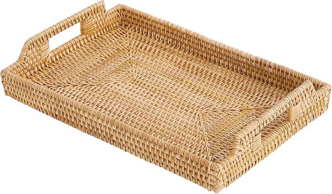 Rattan Rectangular Serving Tray with Handles, Hand-Woven Wicker Decorative Tray for Coffee Table,Vintage Boho Style Decor for Dining, Kitchen, Bathroom, Outdoor(17"x11.4"x1.9")