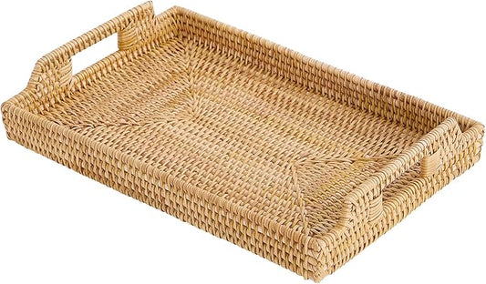 Rattan Rectangular Serving Tray with Handles, Hand-Woven Wicker Decorative Tray for Coffee Table,Vintage Boho Style Decor for Dining, Kitchen, Bathroom, Outdoor(17"x11.4"x1.9")