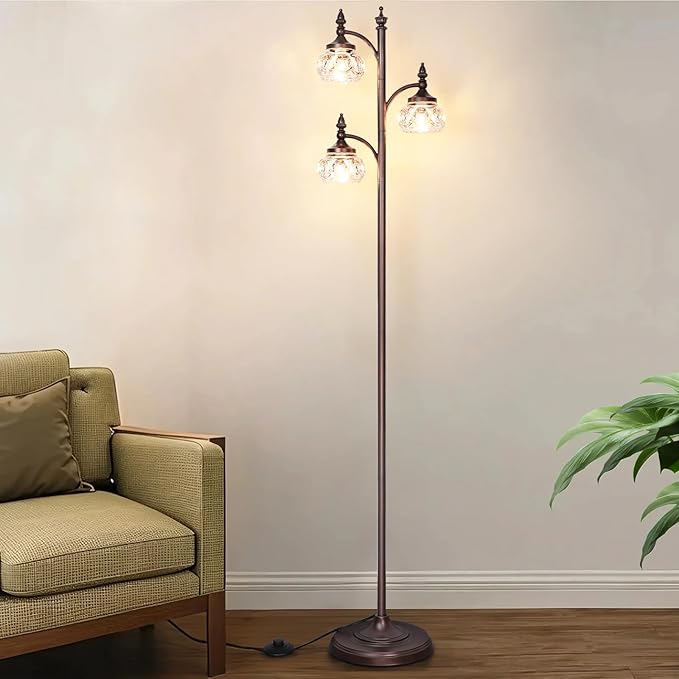 JUNNAI Brown Glass Floor Lamps for Living Room 66.5'' Standing Lamp with 3 Brightness Lights Vintage Mid Century Modern Pole Bronze Tree Lamp for Bedroom Office(3LED Bulbs Included)