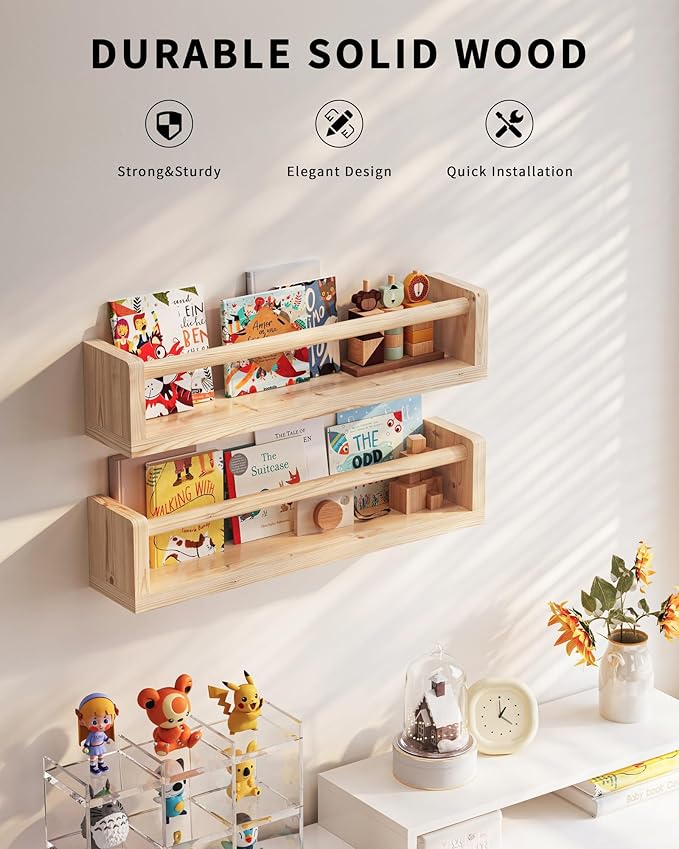 Nursery Wall Bookshelf Set of 4, Floating Bookshelves for Kids' Rooms, Toddler Bedroom Decor, Nursery (Wood, 16.5 Inches)