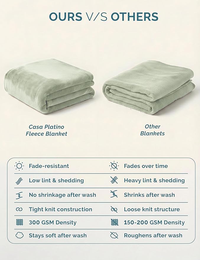 Casa Platino Fleece Blanket Queen Size – 300 GSM Fleece Throw for Bed or Couch – Soft Cozy Warm Holiday Winter Blanket for Bed, Fuzzy Plush Elegant Gifts for Men & Women - 90x90 Inch - Mineral