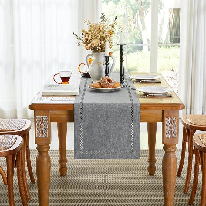 Burlap Style Farmhouse Table Runner, 13 x 72 Inch Grey, Rustic Geometric Hollow Table Runners 72 Inches Long for Dresser Table Everyday Use, 13x72 Inches, Grey