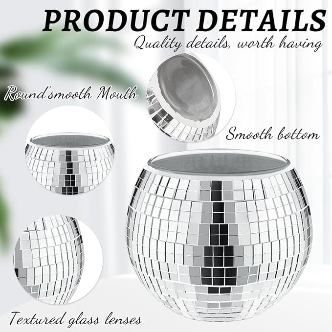2 Pcs Disco Ball Vase,4.4 x 6 Inch Mirrored Disco Ball Planter,Disco Ball Candle Holders Perfect Disco Decorative Planters for Living Room Bedroom Dining Table Wedding Party Birthday
