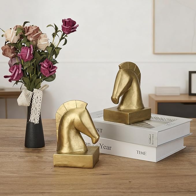Gold Horse Head Decorative Bookends - Heavy Duty Non-Slip Book Holders, Horse Statue Book Ends for Shelves, Modern Equestrian Ornaments for Home Farmhouse Shelves Office Lover Gift