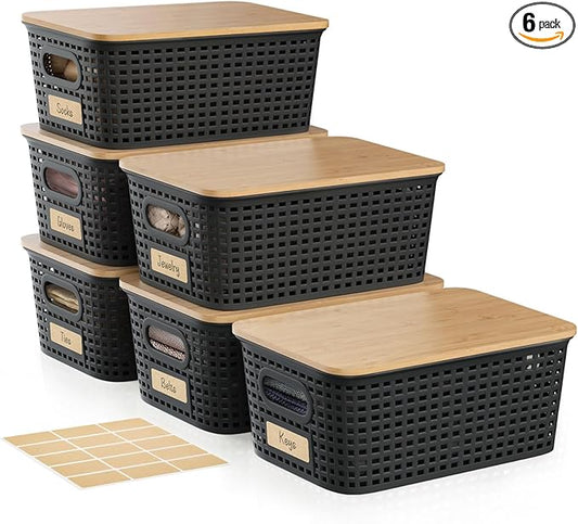 Plastic Storage Bins with Bamboo Lid - Stackable Pantry Storage Organizer with Lid - Storage Basket with Lable for Organizing: Small Storage Box for Shelves Cabinet Office Drawer Desktop 10x7x4in 6Pcs