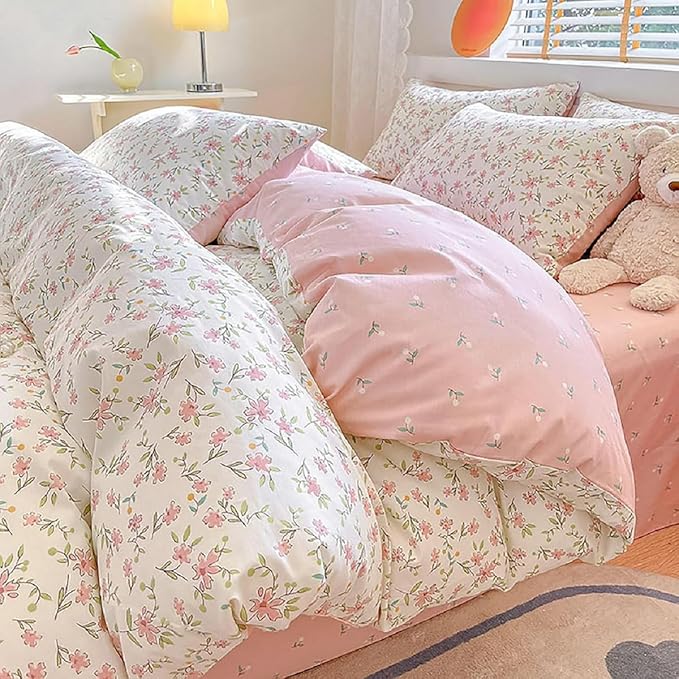 LifeTB Cotton Floral Duvet Cover Twin Pink White Bedding Sets Vintage Style Flower Botanical Boho Aesthetic Comforter Chic Garden with Zipper Closure, Twin(68/''x86/'')