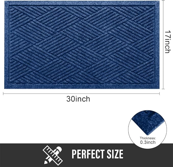 HIYARD Sturdy Front Door Mat, Absorbent Muddy Dirt Resist Welcome Door Mats Outdoor Indoor, Stain and Fade Resistant, Non-Slip Rubber Backing Low Profile Doormat for Entryway, 30×17, Blue