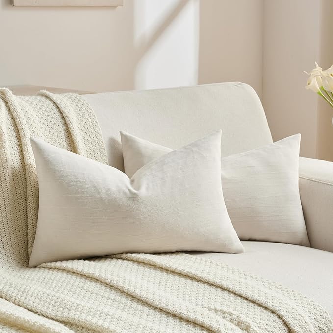 FUTEI Cream Chenille Decorative Throw Pillow Covers 12x20 Inch Set of 2,Soft Crushed Striped Texture Lumbar Pillow Cases,Modern Home Decor for Couch Bed Living Room