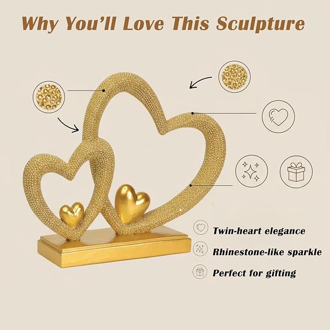 Double Heart Sculpture Valentine’s Day Statue, Faux Beaded Texture with Gold Accents, 7.9" Gold Romantic Decor for Shelf, Mantel, Bedroom, Wedding, for Her