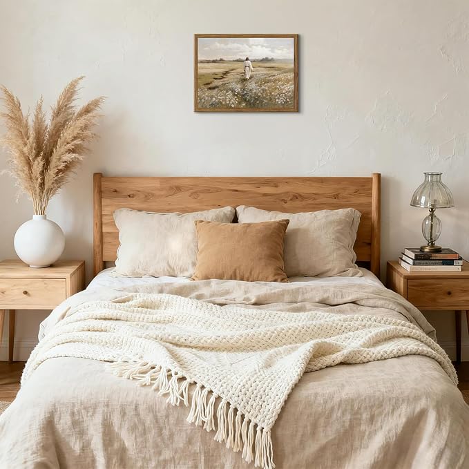Framed Jesus Wall Art, Christian Wall Decor Pictures, Jesus Walking in Field Paintings Canvas Prints Religious Home Decoration for Living Room Bedroom Office Church 16x24 inch