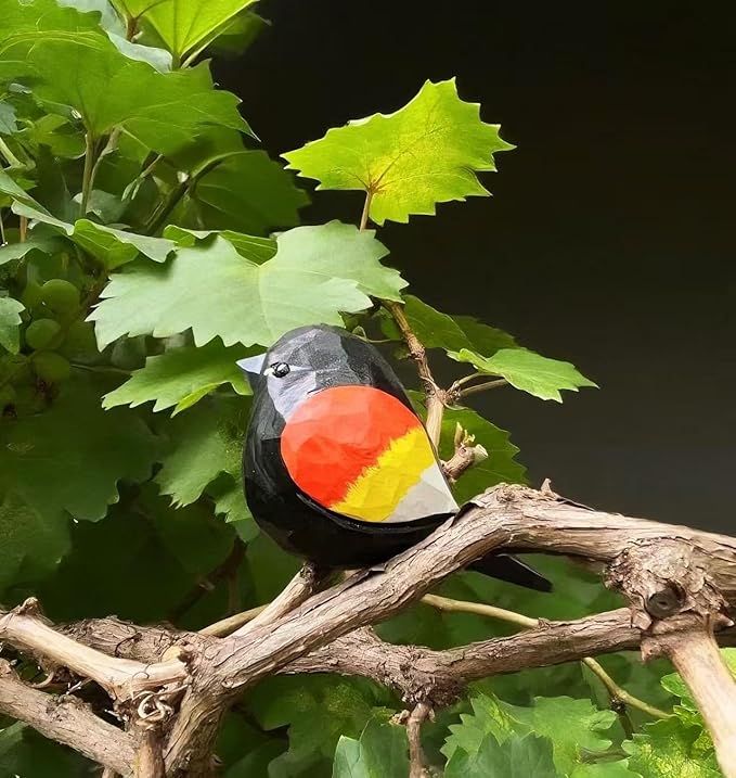 Hand-Carved Red-Winged Blackbird Figurines – Hand-Painted Wooden Bird Sculptures, Decorative Wood Bird Statues for Home & Office Décor, Gifts for Bird Lovers