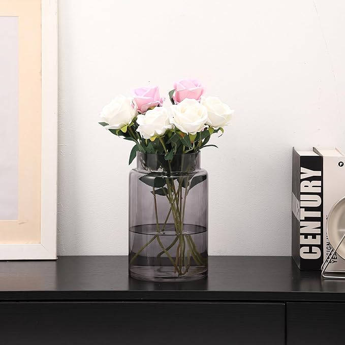 Large Glass Vase, 9 Inch Flower Vase, Black Vase, Glass Flower Vase for Bouquet, Tall Vases, Wide Mouth Vases for Flowers, Large Vases for Home, Wedding, Living Room, Office Decor