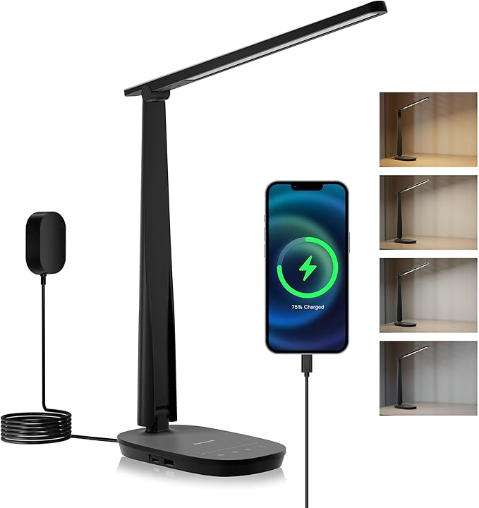 Honeywell LED Desk Lamp - HWT-H2 Sunturalux™ Eye-Caring Foldable Desk Light with USB A+C Dual Charging Port 4 Color Modes Dimmable Table Lamp for Home Office Bedroom Reading Study Work - Black