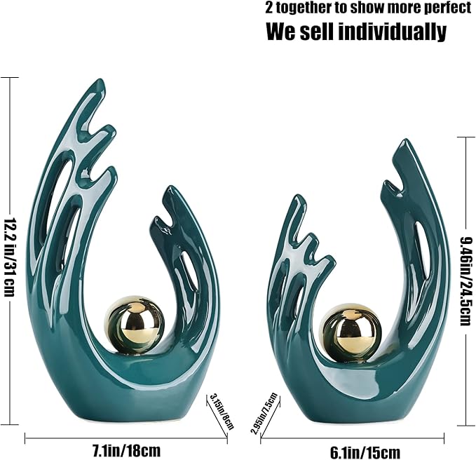 LCCCK 9.5" H Teal Gold Aesthetic Room Decor Accent, TV Stand Funky Table Centerpiece, Abstract Art Ceramic Statue and Sculpture, Teal Decor for Living Room, Bookshelf Decorative Objects, Shelf Decor