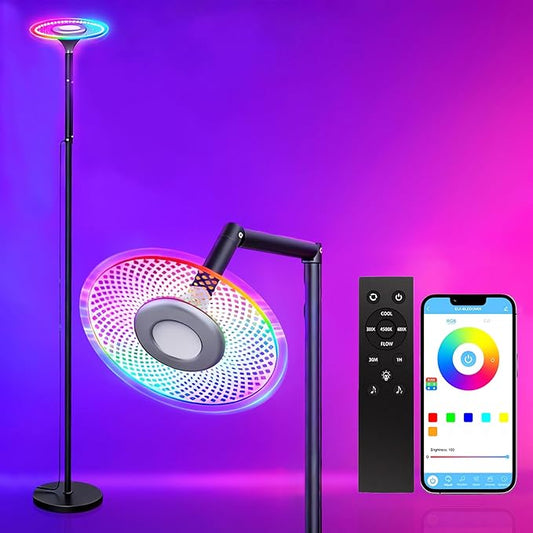 Smart Floor Lamp, 70in RGB Living Room Floor Lamp with App & Remote Control, 180° Adjustable Head, Stepless Dimming & Color Changing for Bedroom, Office