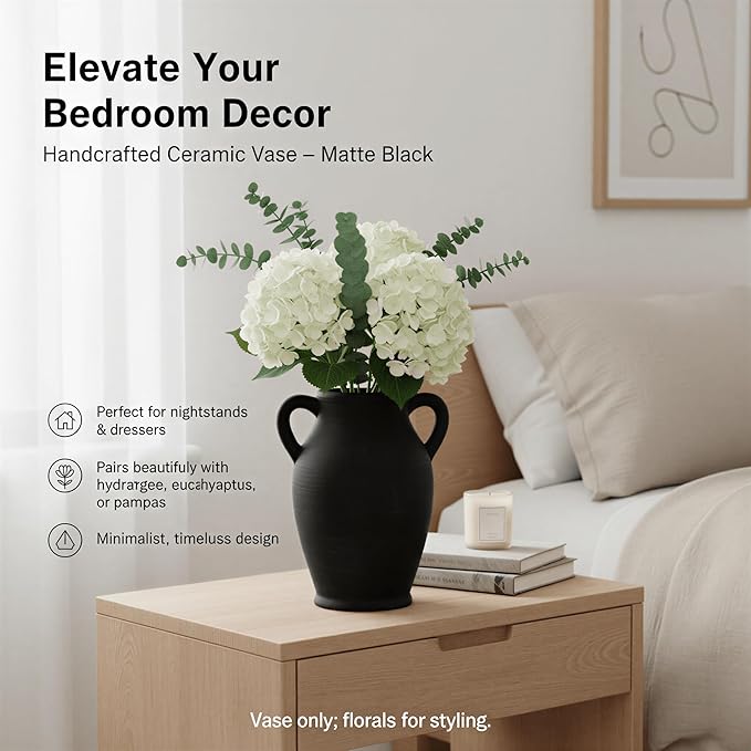 8.1-Inch Ceramic Flower Vase with Handles – Small Black Rustic Farmhouse & Boho Pottery Vase for Table, Shelf, Living Room Decor