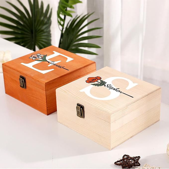 Personalized Wooden Keepsake Memory Box with Birth Flower & Name, Custom Wood Decorative Storage Box with Lids Customized Christmas Gift Box for Women Teen Girls Mom Birthday Gifts