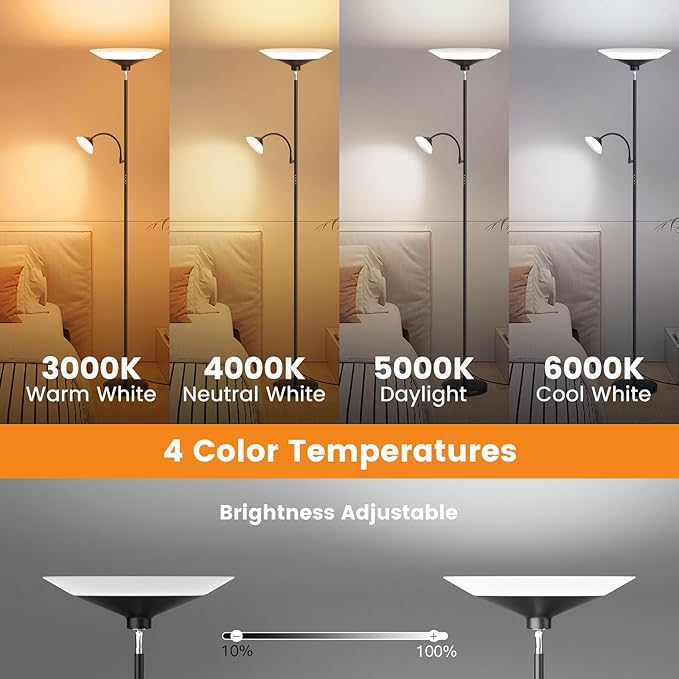 SIBRILLE Upgraded 2-in-1 Torchiere Floor Lamp, Dimmable Standing Lamp with Remote&Touch Control, 34W Brightness Adjustable Floor Reading Light, Black Modern Corner Lamp for Living Room Bedroom Office