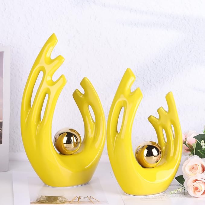 9.5"H Yellow Gold Aesthetic Room Decor Accent, TV Stand Funky Table Centerpiece, Abstract Art Ceramic Statue and Sculpture, Yellow Decor for Living Room, Bookshelf Decorative Objects, Shelf Decor