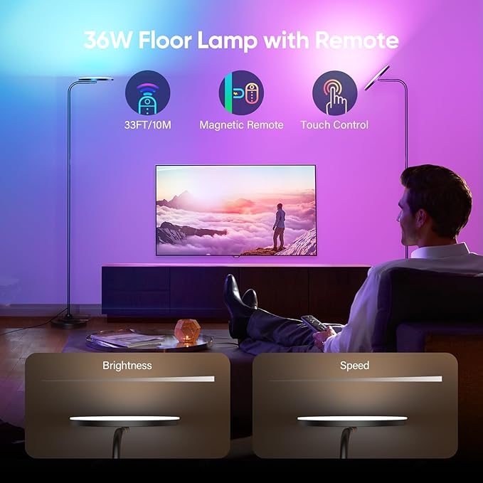 SIBRILLE RGB Floor Lamp, 36W Bright LED Standing Lamp, Stepless Dimming Color Changing Torchiere Floor Lamps with Remote, 350°Rotating Modern Tall Floor Lamp for Living Room, Gaming Room