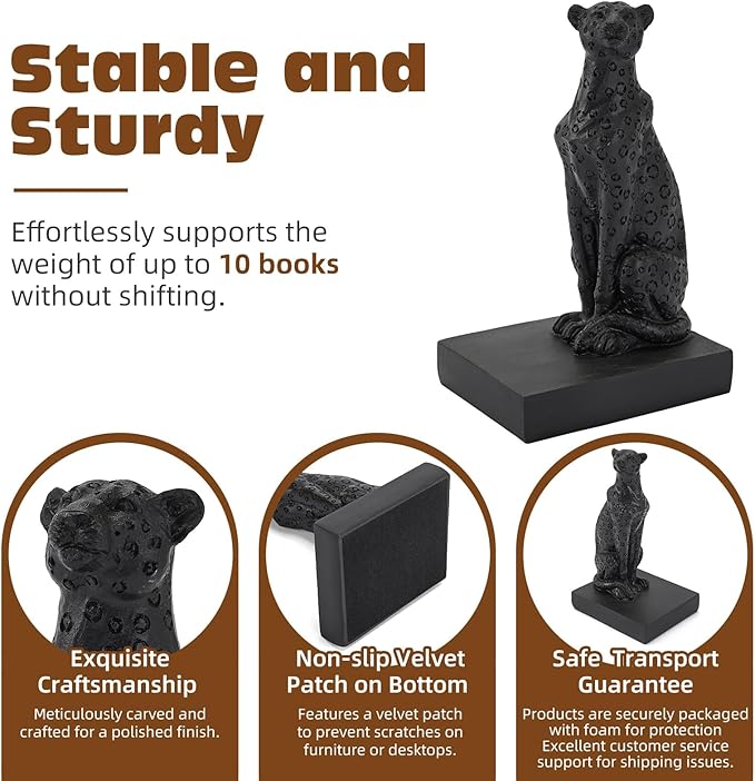 Black Cheetah Bookends, Book Ends for Shelves to Hold Books Heavy Duty, Creative Resin Book Holders for Home Farmhouse Shelves Office Lover Gift